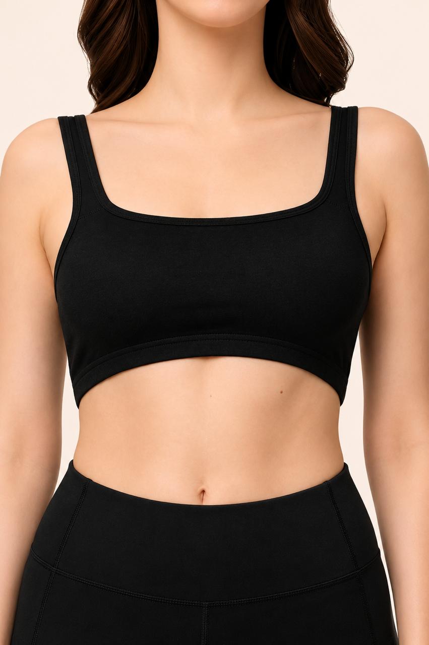 Black Broad Strap Crop Top Stretch Cotton – Renova
