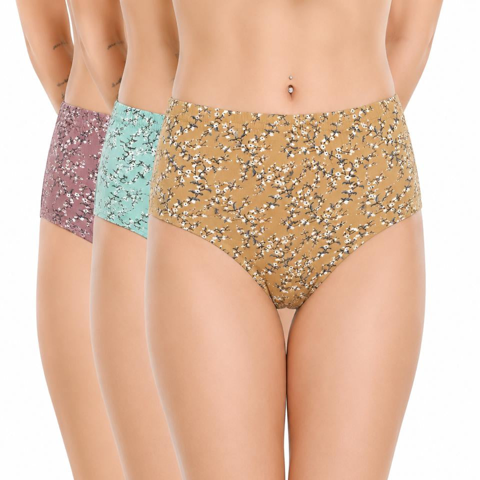 Renova Garden Leaf Print Cotton Lycra Panty - Pack Of 3