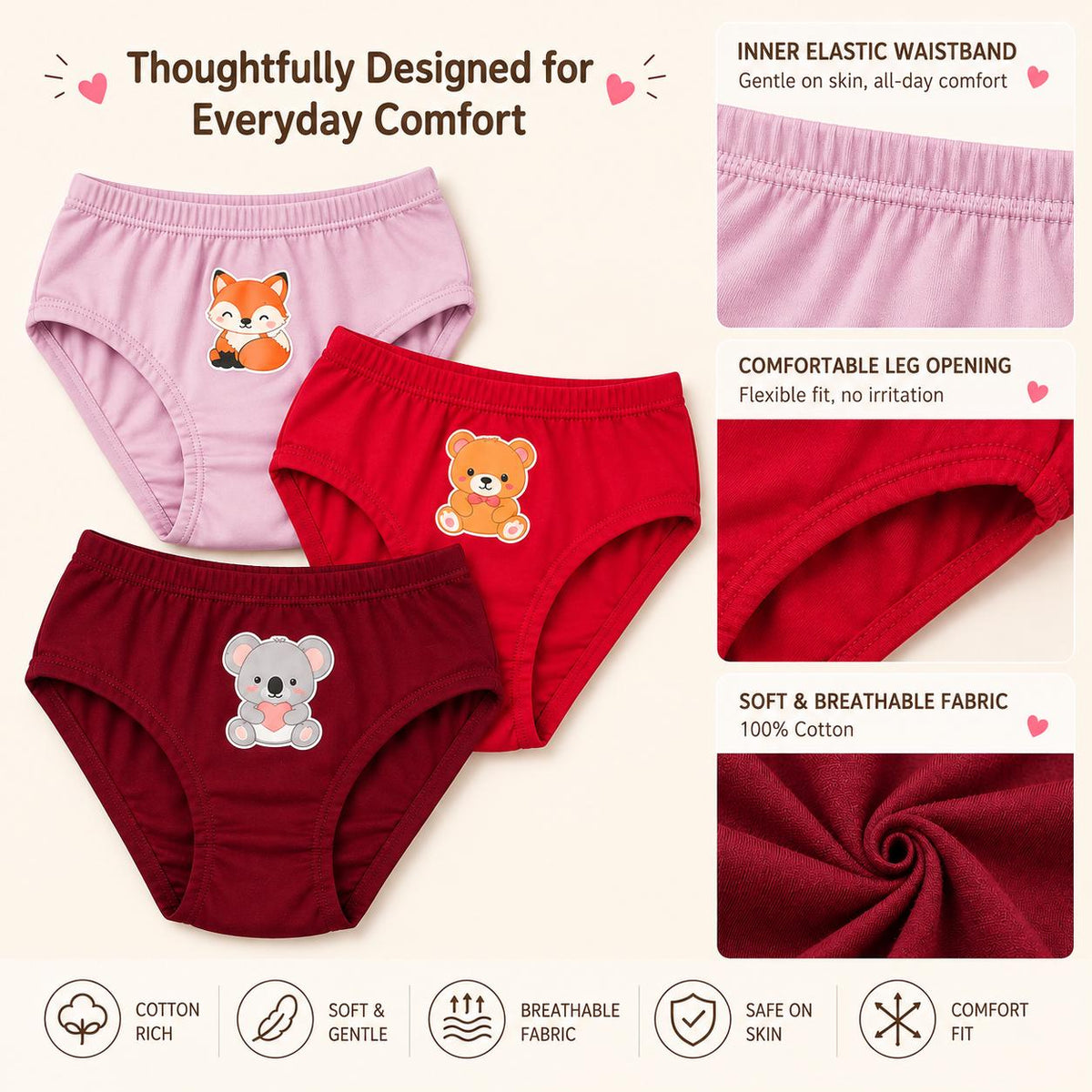 Girls Cotton Inner Elastic Panty – Pack of 3